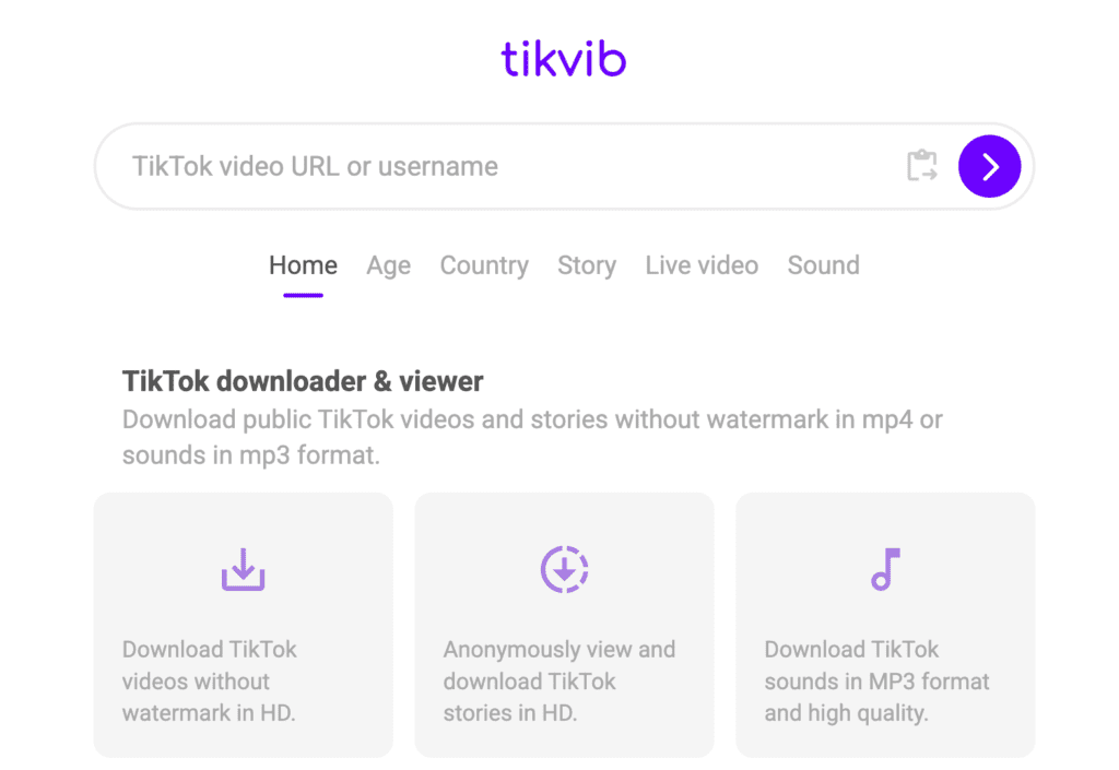 TikVib anonymous TikTok viewer interface showing video grid with stats