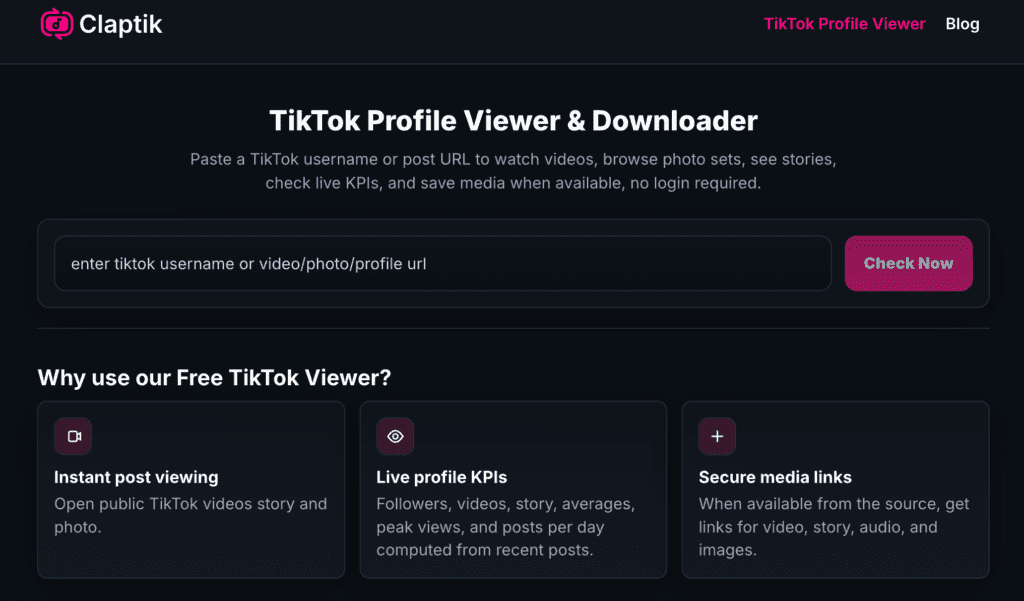 Claptik free TikTok profile viewer with average likes and posts per day summary