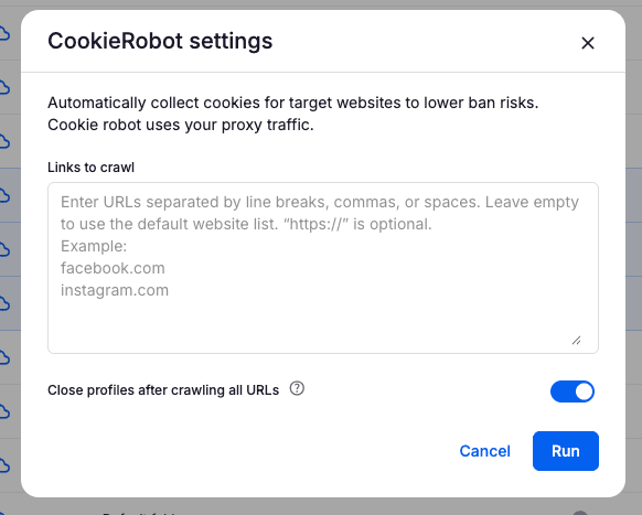 CookieRobot settings in Multilogin with the list of sites to crawl for cookies