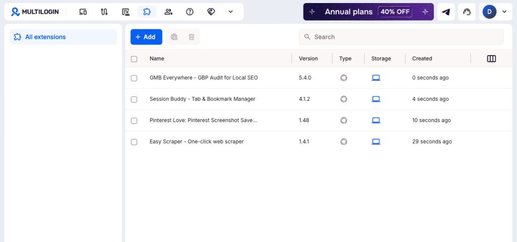 Saved browser extensions in Multilogin, ready to add to newly created profiles