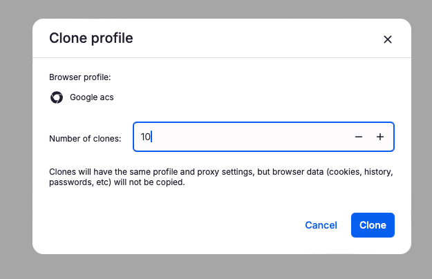 Cloning multiple Multilogin browser profiles at once with the number of clones set