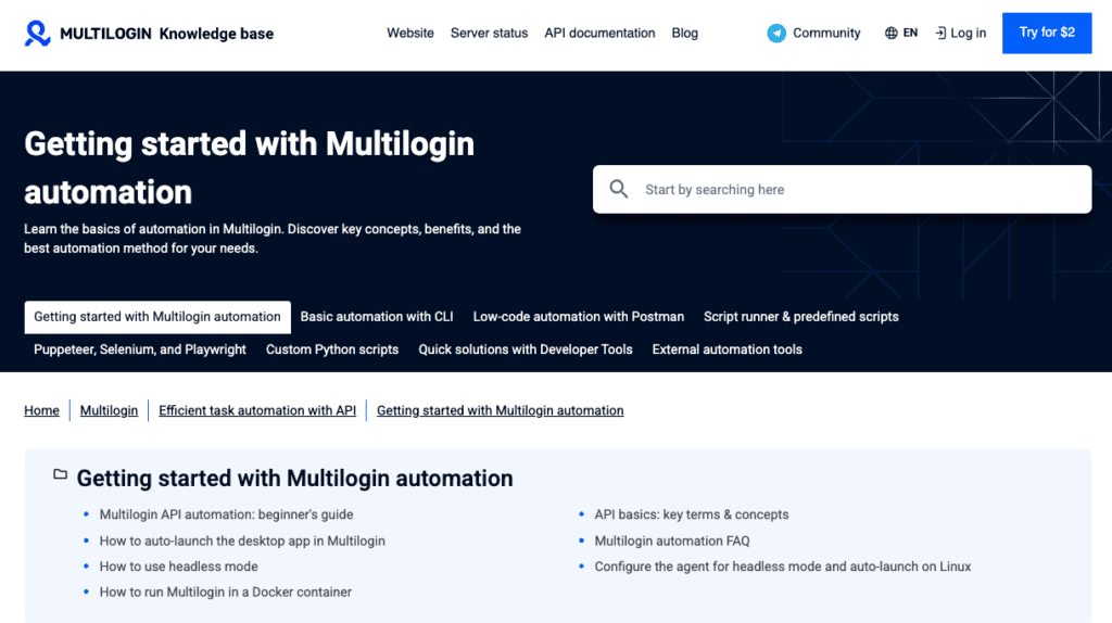Multilogin help center showing setup guides and how-to articles