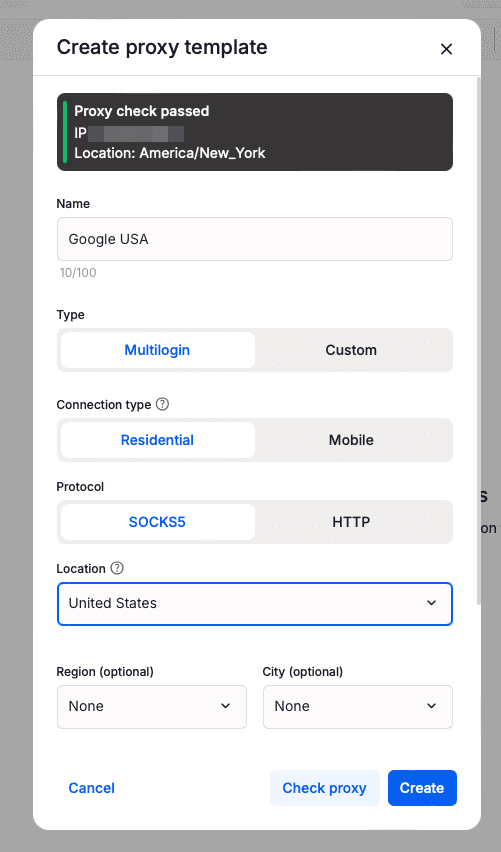 Choosing a built-in Multilogin proxy with location and connection type options