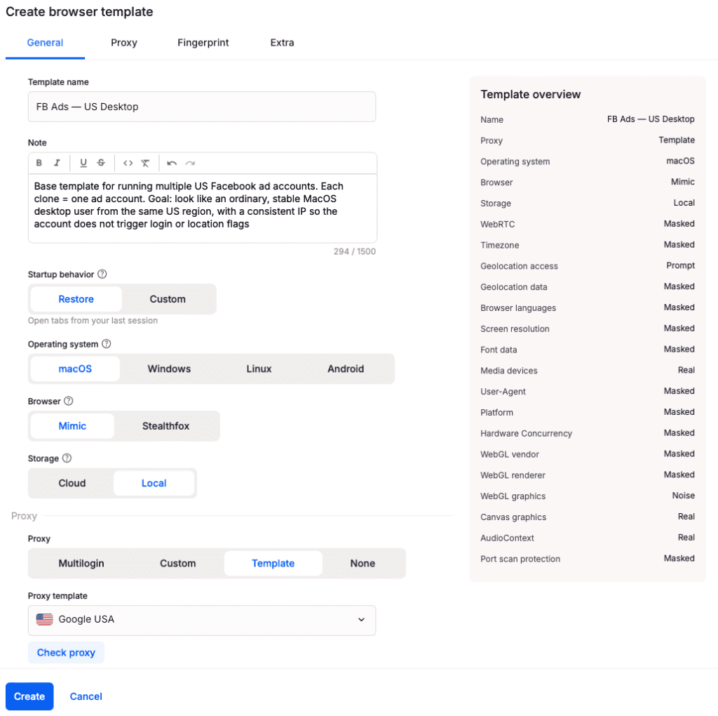 Setting up a reusable browser profile template in Multilogin