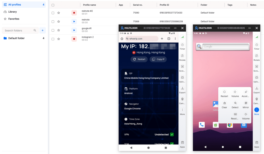 Multilogin cloud phones running multiple Android accounts at once on one dashboard