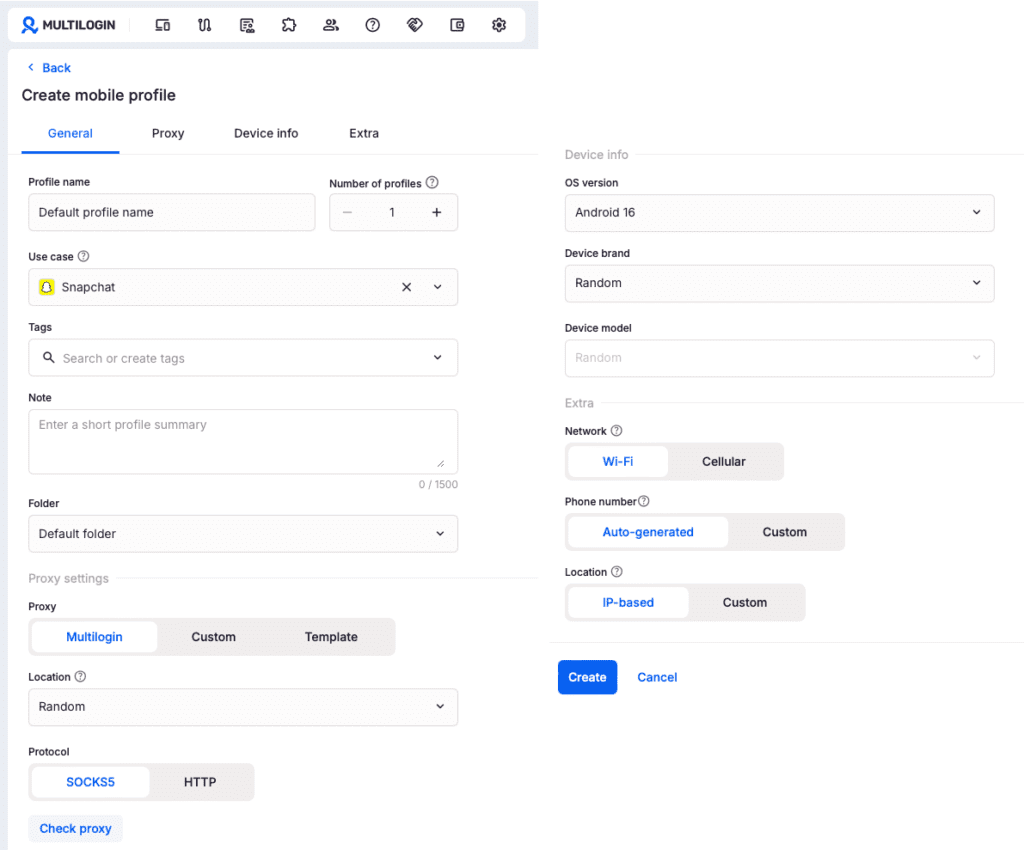 Creating a Multilogin mobile profile and setting proxy and device options