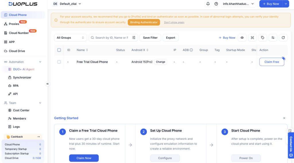 DuoPlus free cloud phone dashboard