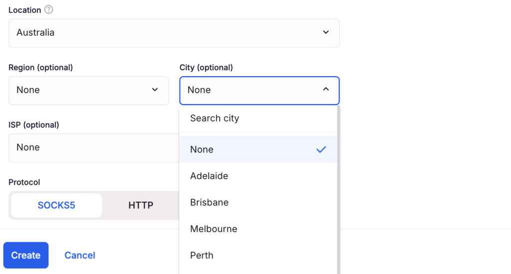 Proxy and location options on Multilogin