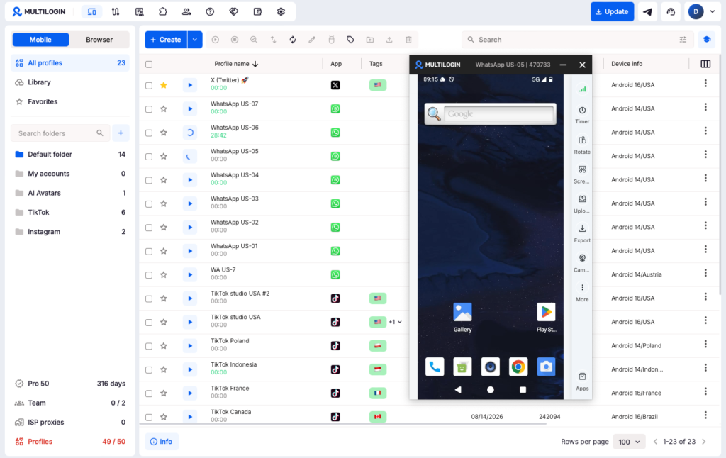 Multilogin cloud phone dashboard set up for messenger accounts, one cloud phone per account